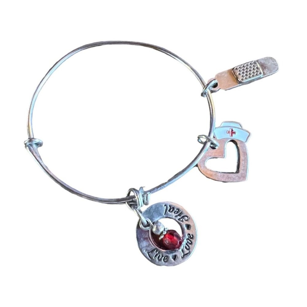 Nurse Live Love Heal Silver Tone Charm Bangle Bracelet